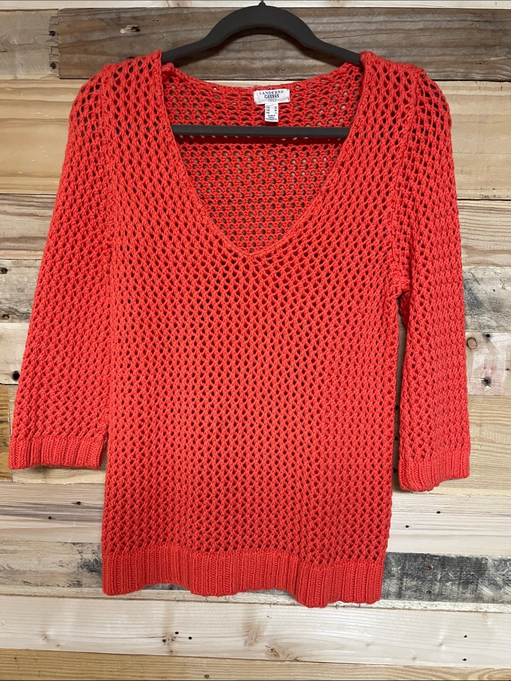 Lands’ End Canvas 1963 size Medium Vibrant Orangish Red V-Neck Open Knit Sweater
